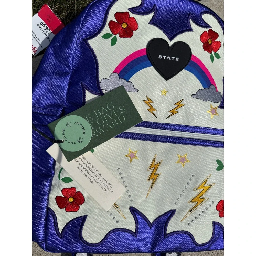 State Bags Kane Kids Travel Backpack Metallic Cowgirl Blue White Rainbow NWT